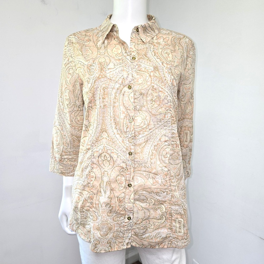 Chicos Antique Paisley Print Shirt Size 1 Small Lightweight 3/4 Sleeve Cotton